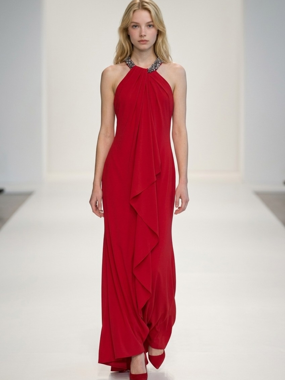 Carmen Marc Valvo Red Halter Gown with Beaded Neck